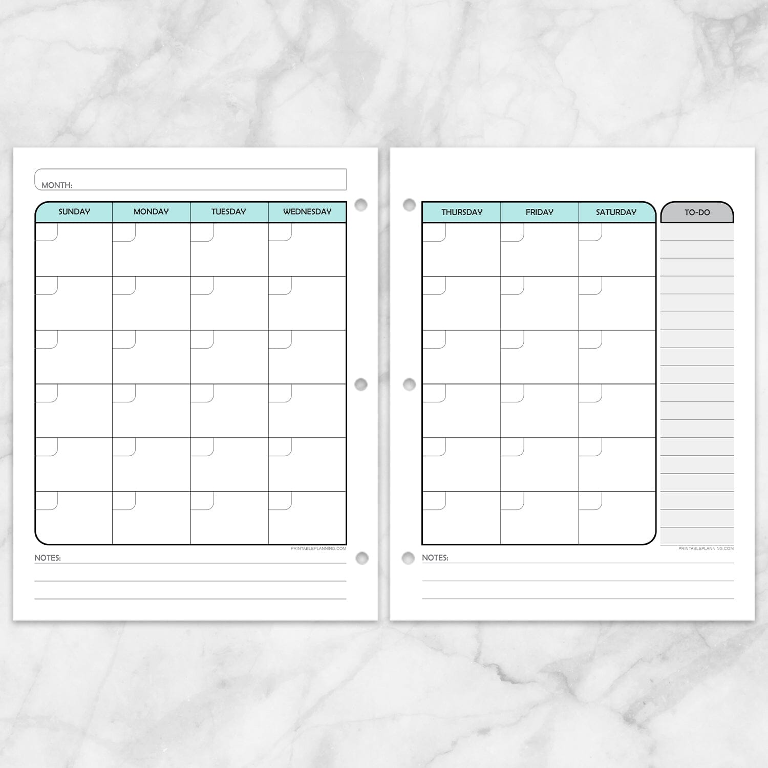 Printable Teal Monthly Calendar Planner Pages (left and right) at Printable Planning.