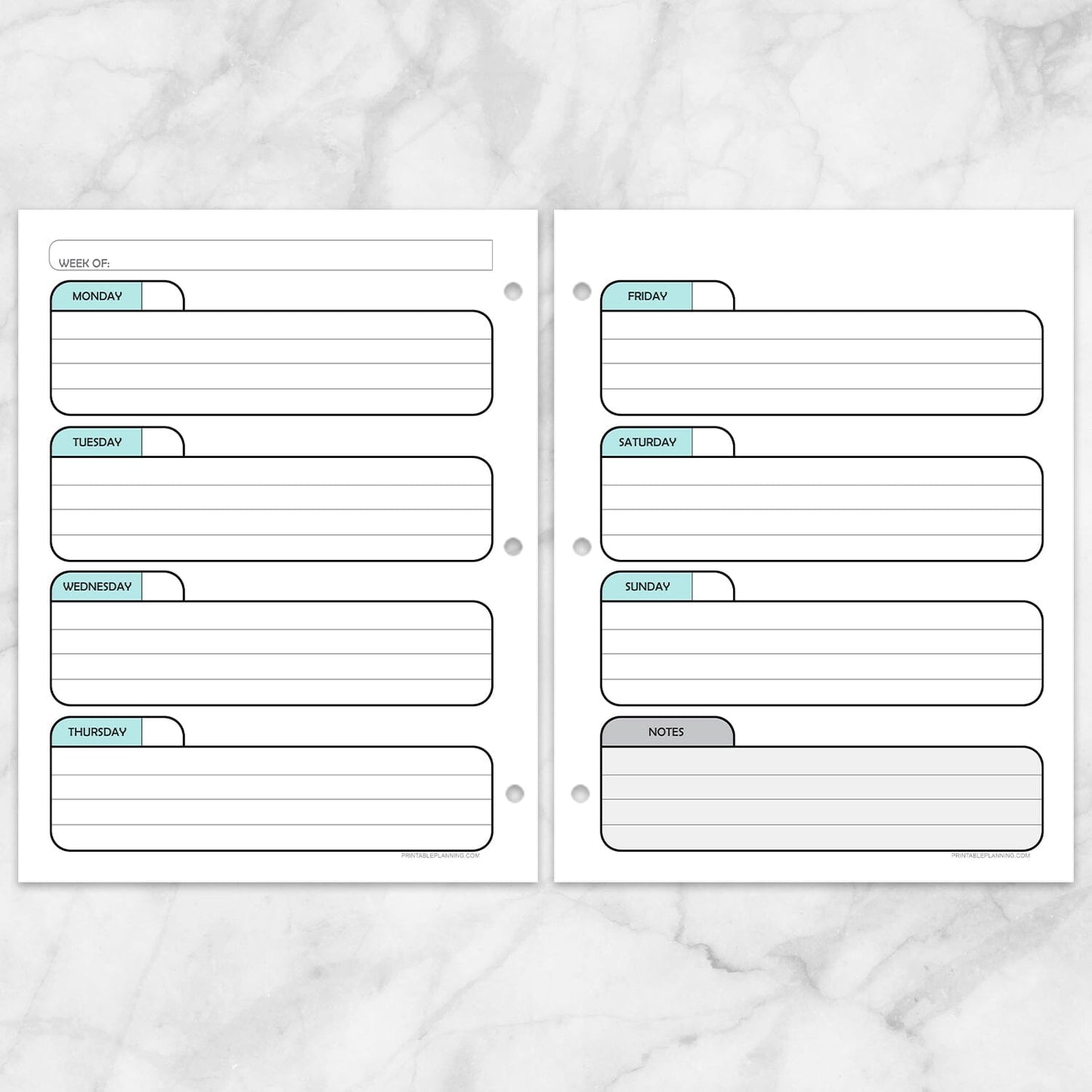 Printable Teal Weekly Calendar Planner Pages (left and right) at Printable Planning.