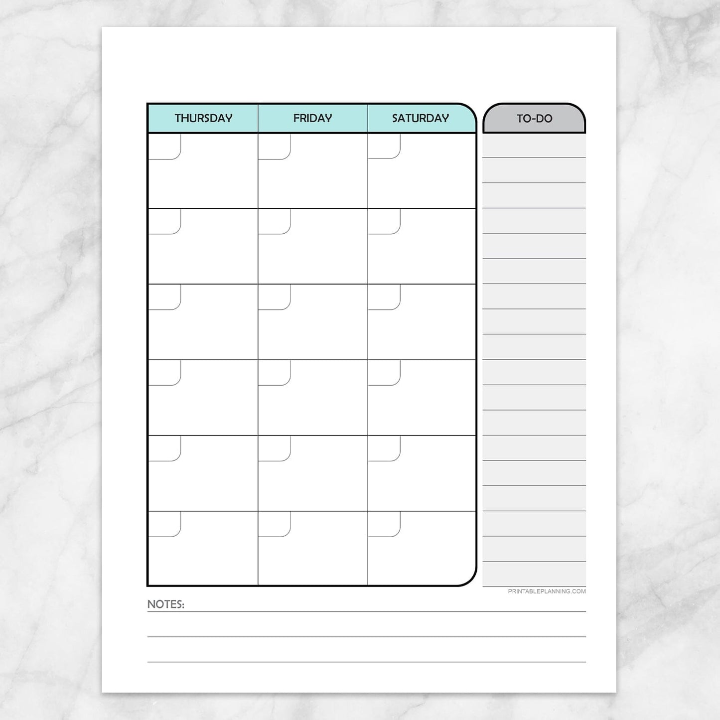 Printable Teal Monthly Calendar Planner Page (right page) at Printable Planning.