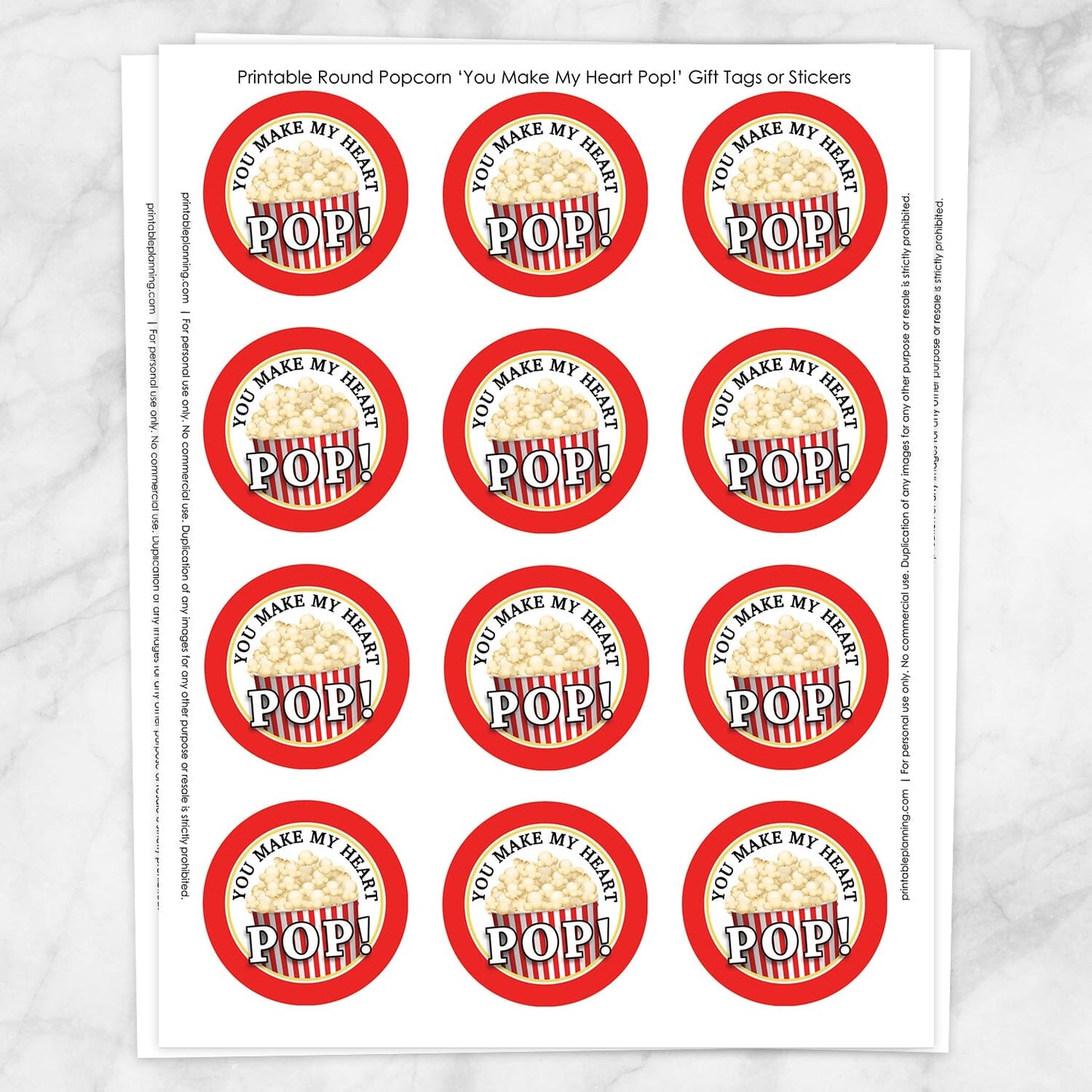 Printable Popcorn 2" Round "You Make My Heart Pop!" Favor Stickers at Printable Planning. Sheet of 12 stickers.