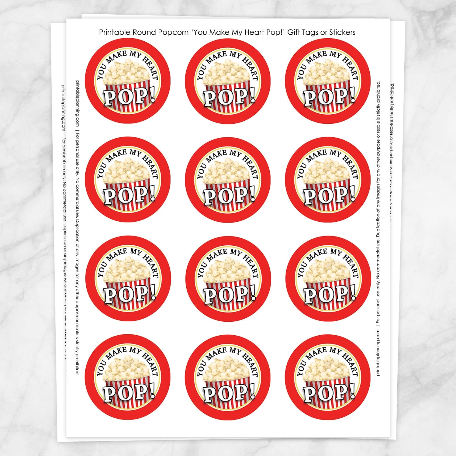 Printable Popcorn 2" Round "You Make My Heart Pop!" Favor Stickers at Printable Planning. Sheet of 12 stickers.