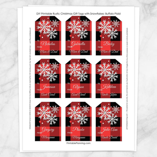 Printable Personalized Red Buffalo Plaid Gift Tags at Printable Planning. Sheet of 9 gift tags.