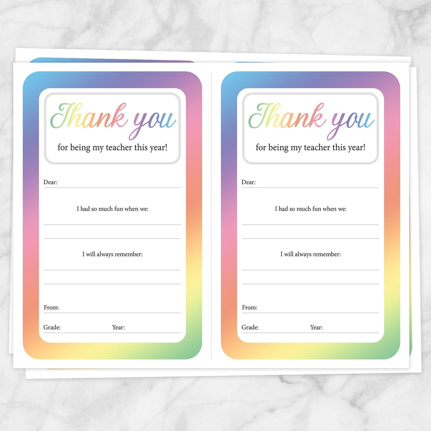 Printable Colorful Teacher Thank You Notes at Printable Planning. Sheet of 2 thank you notes.