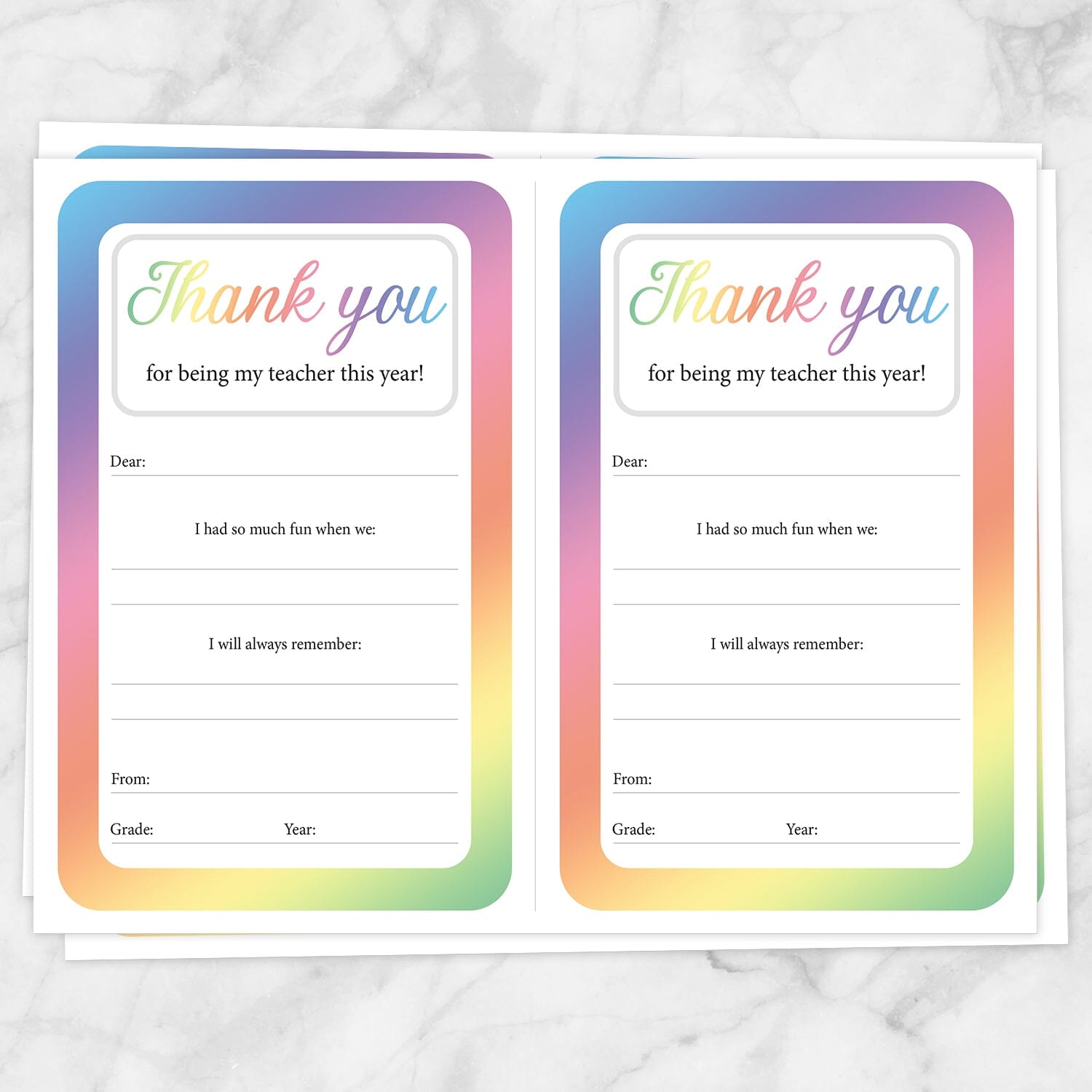 Printable Colorful Teacher Thank You Notes at Printable Planning. Sheet of 2 thank you notes.