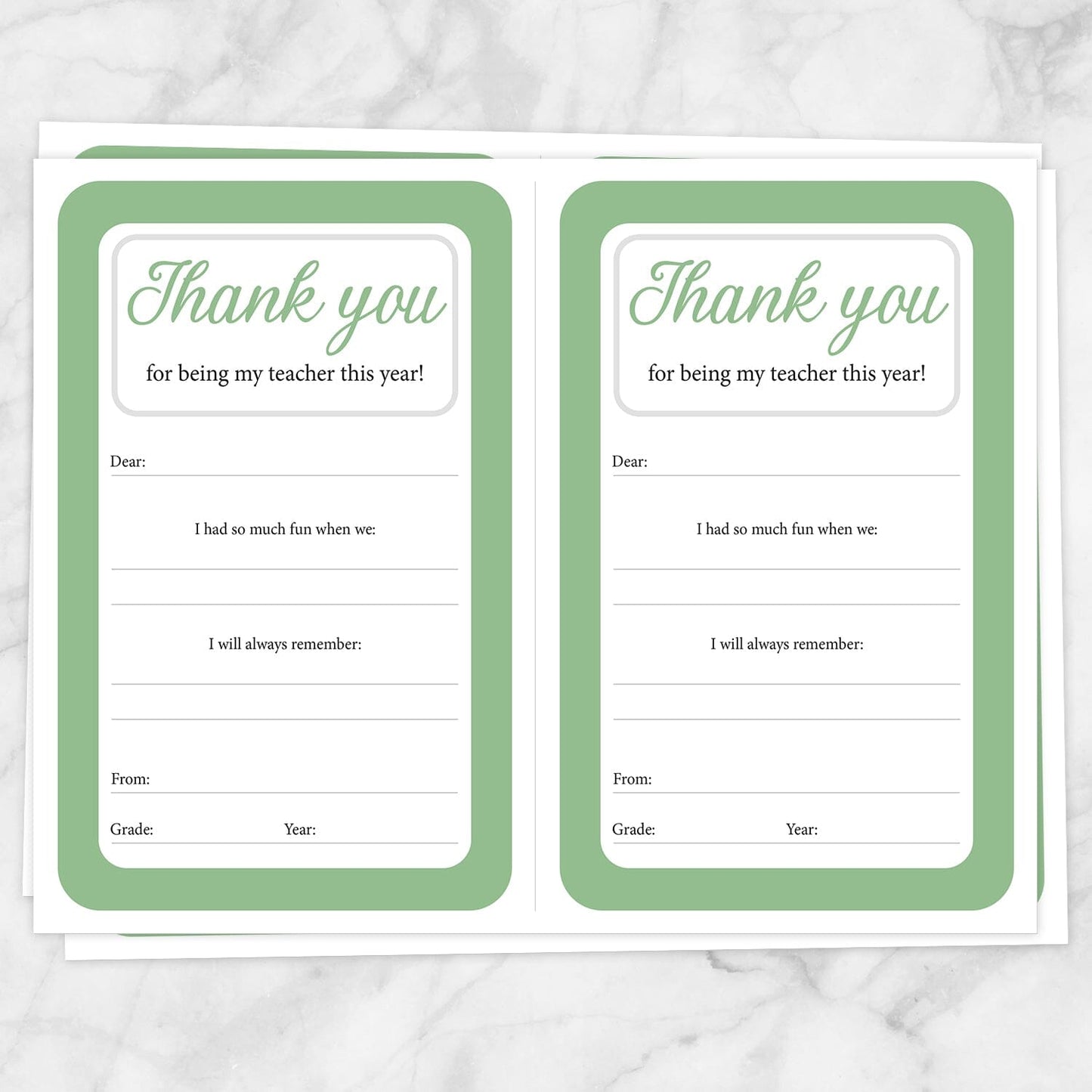 Printable Teacher Thank You Notes in green at Printable Planning. Sheets of 2 thank you notes per page.