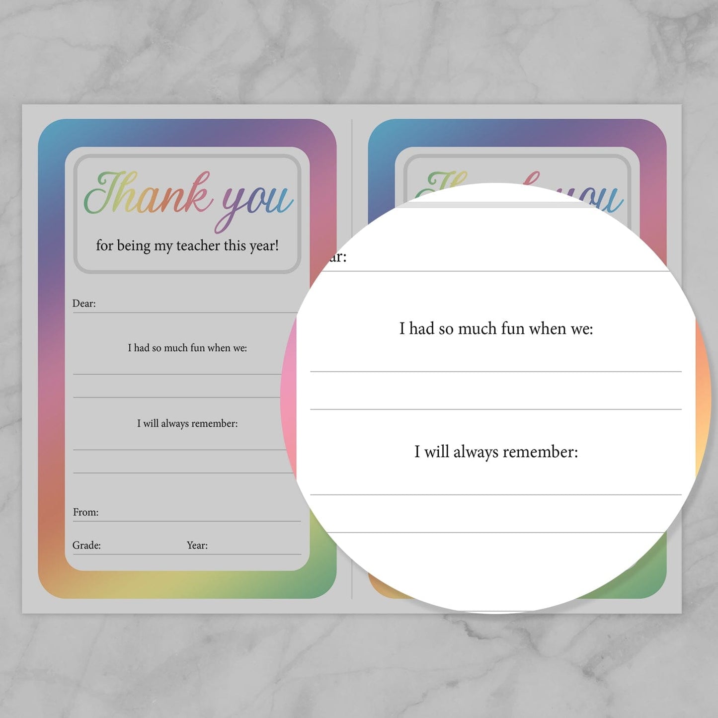 Image zoomed in on the Questions section of the Colorful Teacher Thank You Notes.