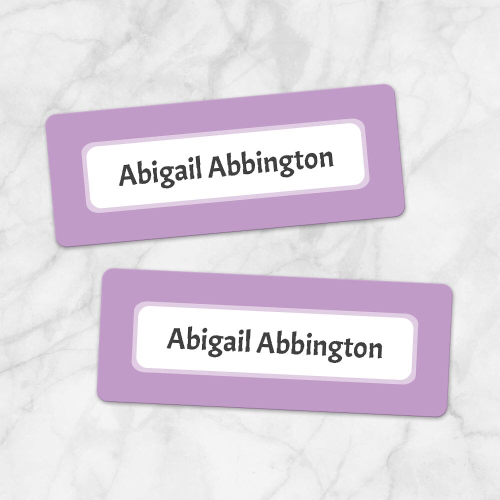 Printable Purple Border Name Labels for School Supplies at Printable Planning. Example of 2 labels.
