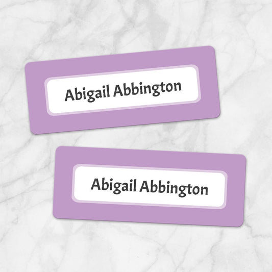 Printable Purple Border Name Labels for School Supplies at Printable Planning. Example of 2 labels.