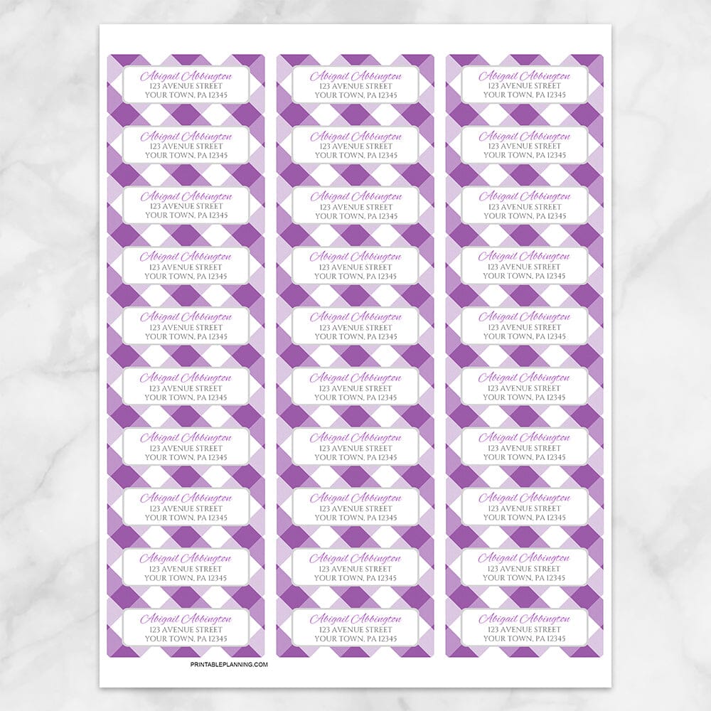 Printable Purple Gingham Pattern Address Labels at Printable Planning. Sheet of 30 labels.
