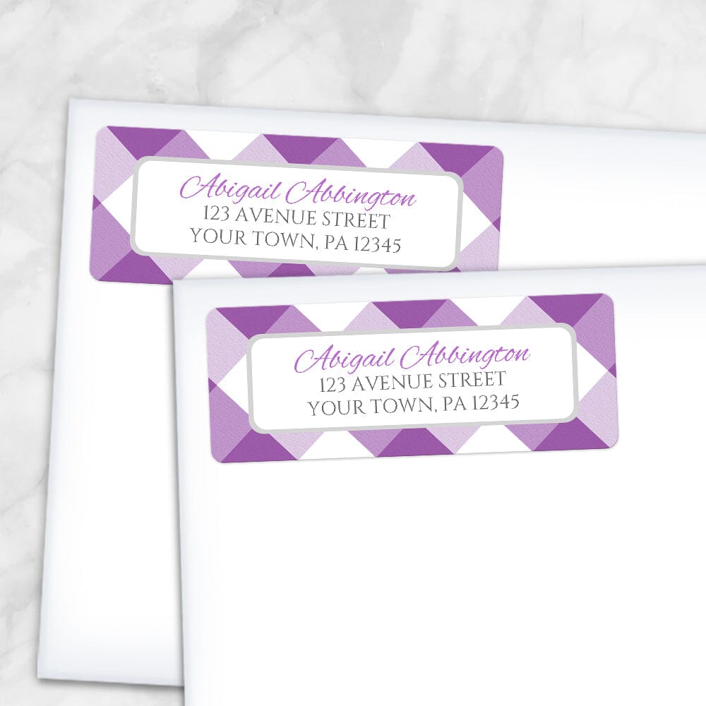 Printable Purple Gingham Pattern Address Labels at Printable Planning. Shown on envelopes.