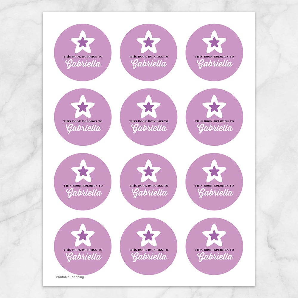 Printable Purple Star Personalized Bookplate Stickers at Printable Planning. Sheet of 12 stickers.
