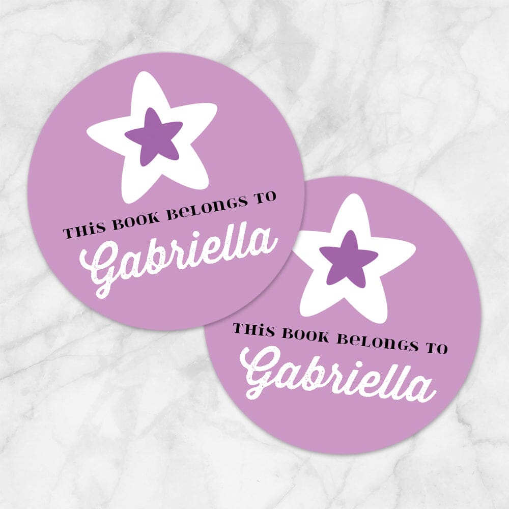 Printable Purple Star Personalized Bookplate Stickers at Printable Planning. Example of 2 stickers.