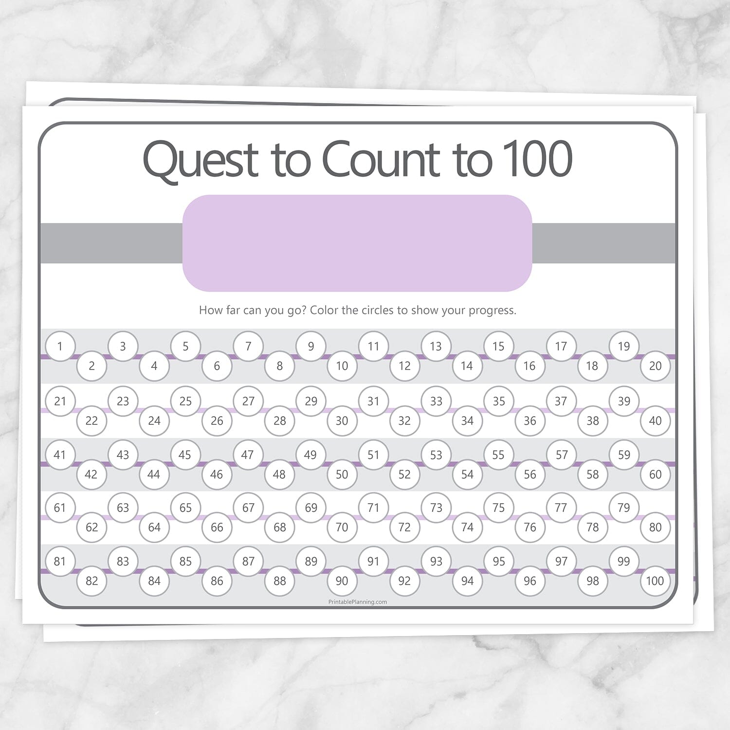 Printable Quest to Count to 100 - BUNDLE of 4 Kids Counting Sheets at Printable Planning. Example of purple sheet.