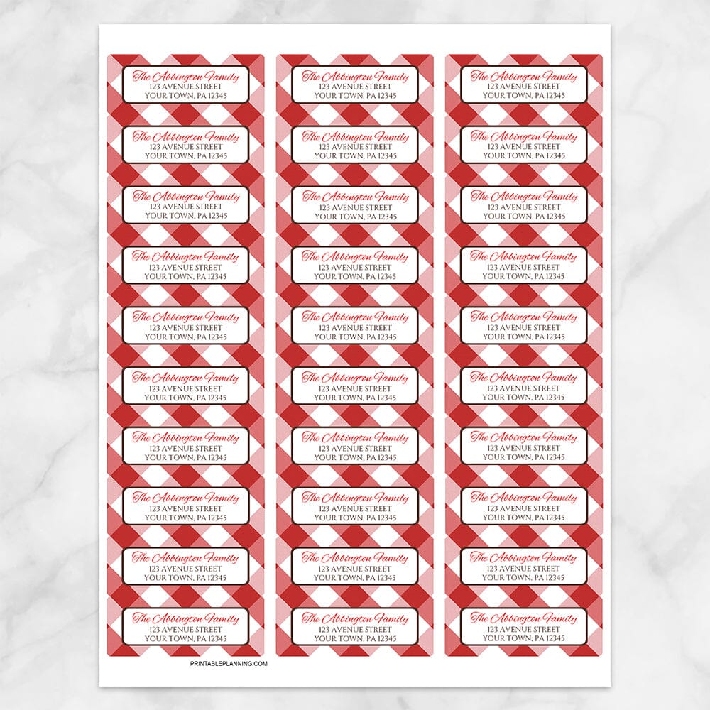 Printable Red Gingham Pattern Address Labels at Printable Planning. Sheet of 30 labels.