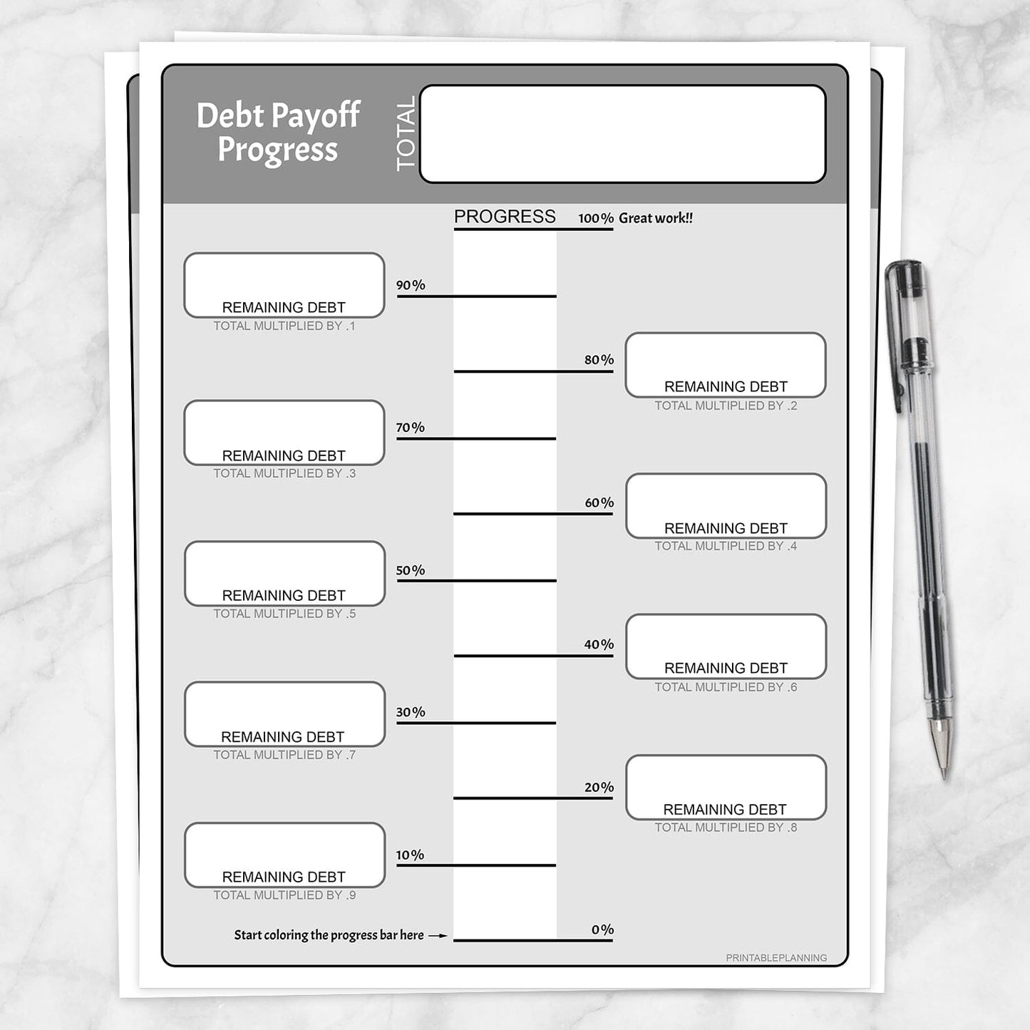 Printable Remaining Debt Payoff Progress Bar (descending) at Printable Planning.