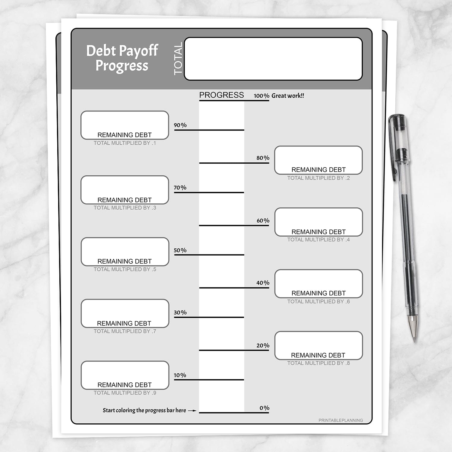 Printable Remaining Debt Payoff Progress Bar (descending) at Printable Planning.