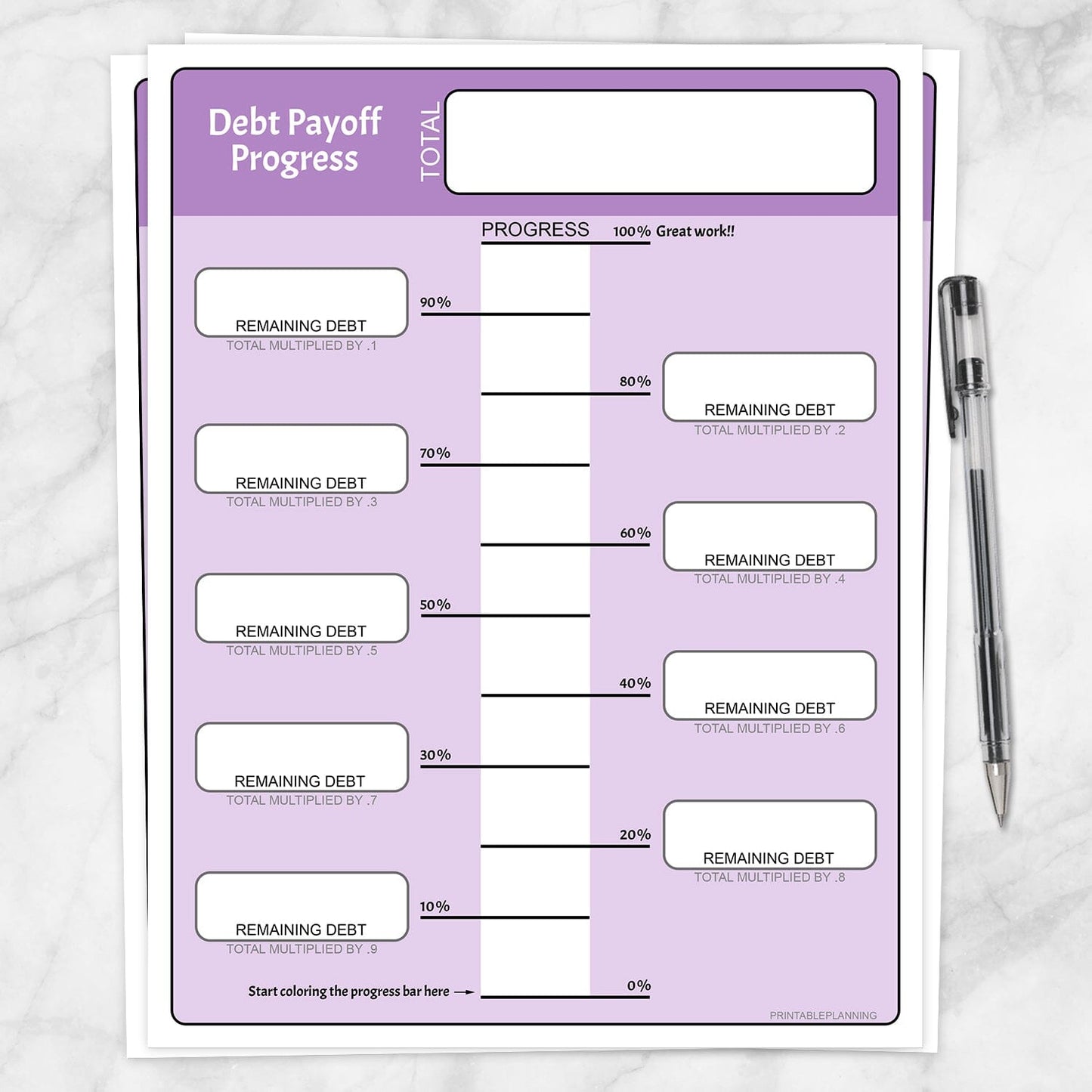 Printable Remaining Debt Payoff Progress Bar Worksheets in Purple at Printable Planning.