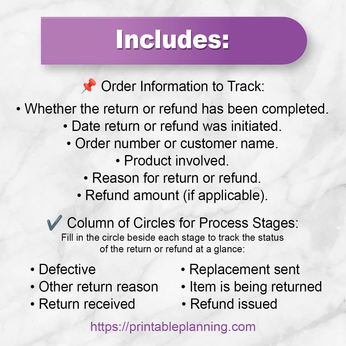 A list of things to track on the Small Business Returns and Refunds Tracking Page.