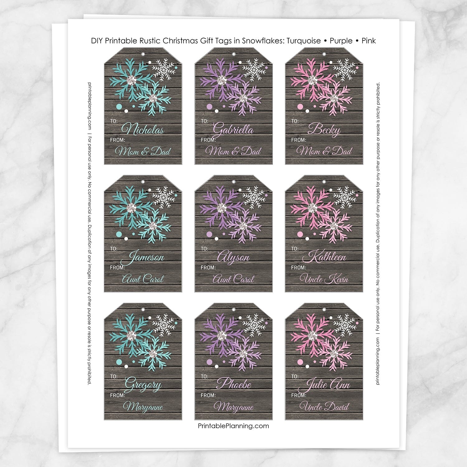 Printable Rustic Snowflake Personalized Gift Tags - Turquoise Purple Pink at Printable Planning. Sheet of 9 gift tags.