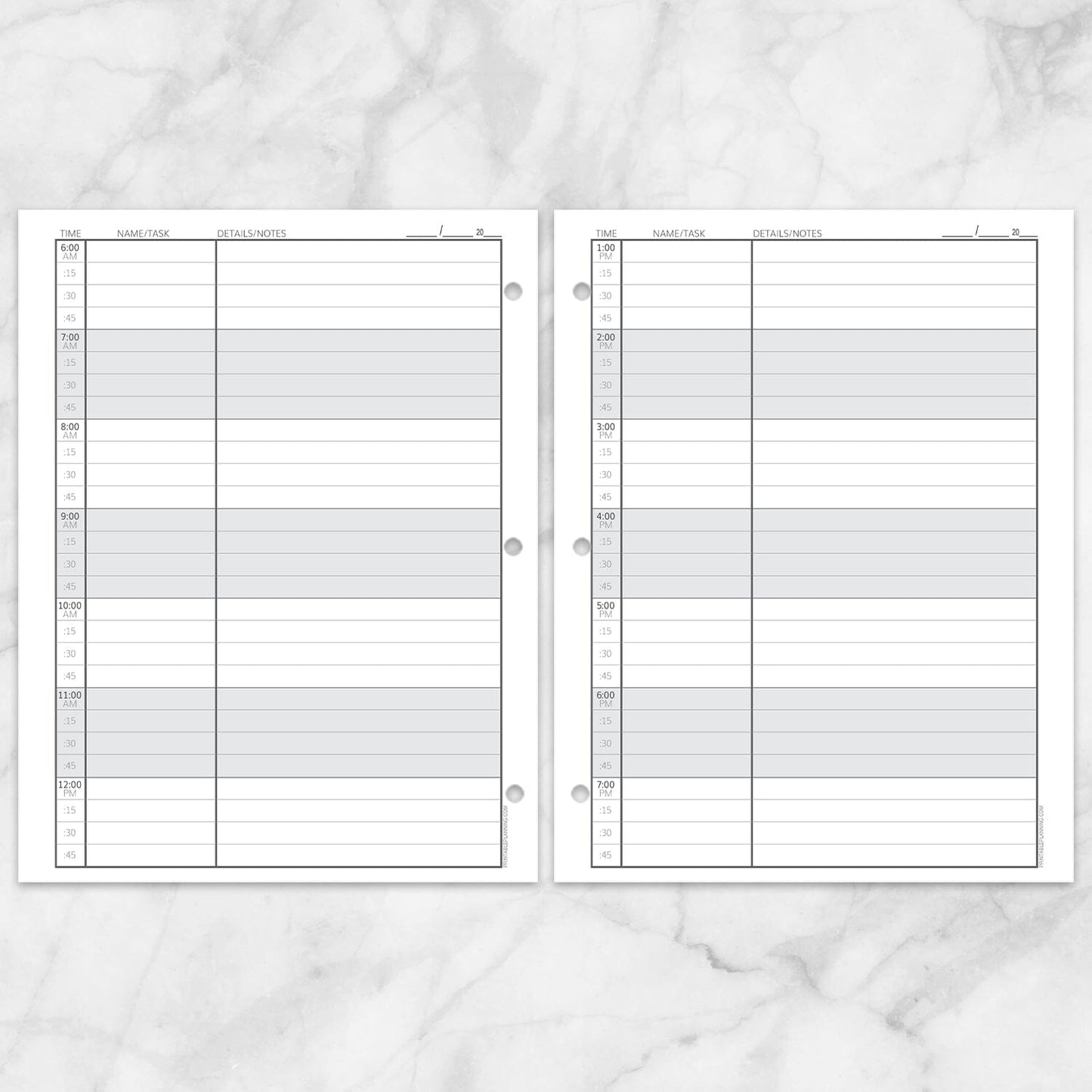 Printable Scheduling Sheet with Notes, pages 1 and 2 with 3-hole punch for printing facing pages, at Printable Planning.