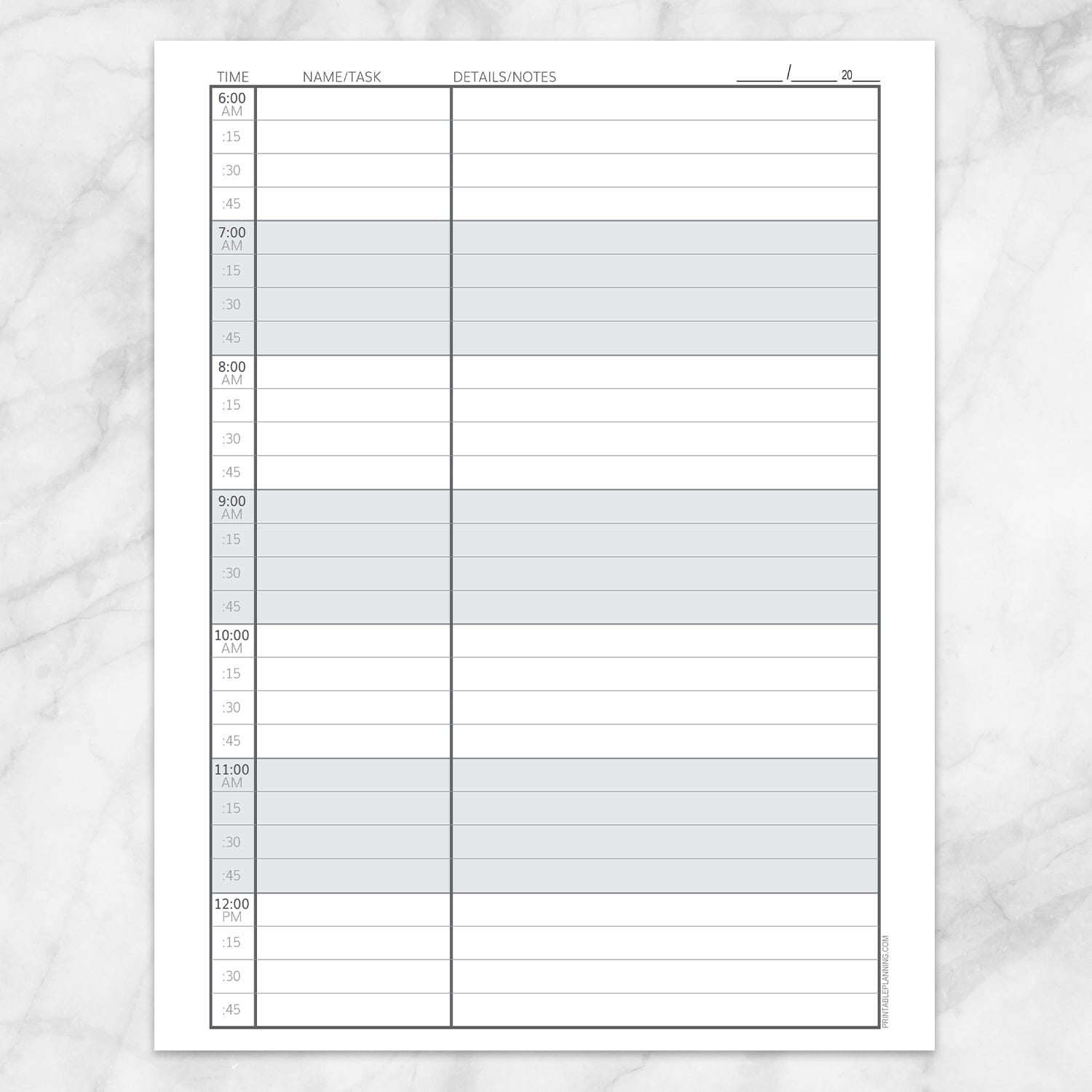 Printable Scheduling Sheet with Notes, page 1, at Printable Planning.