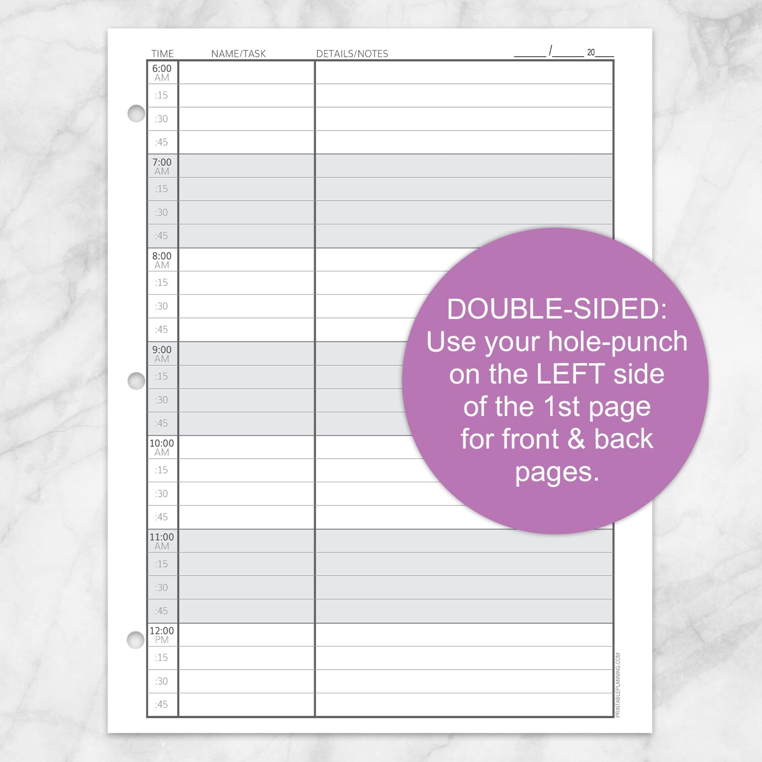 Printable Scheduling Sheet with Notes, page 1 with instructions for 3-hole punch, part 1, at Printable Planning.