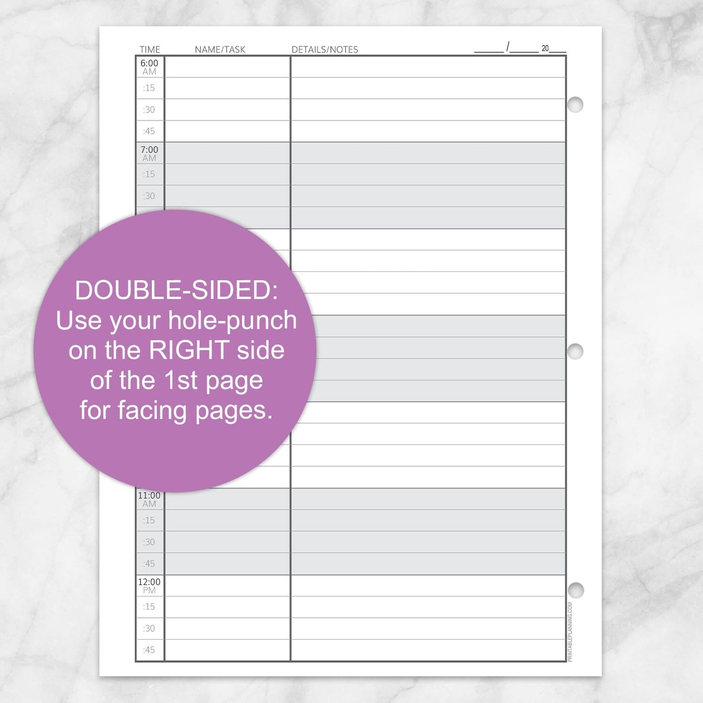 Printable Scheduling Sheet with Notes, page 1 with instructions for 3-hole punch, part 2, at Printable Planning.