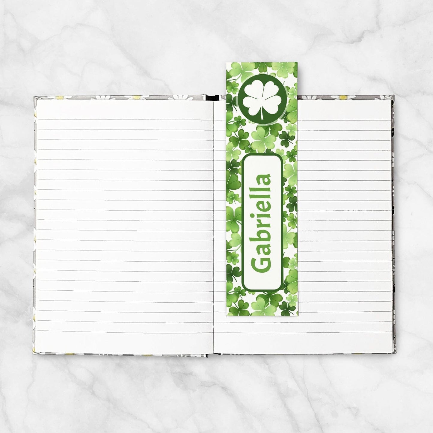 A Personalized Shamrocks 4-Leaf Clover Bookmark in a blank 5x7 book as an example.
