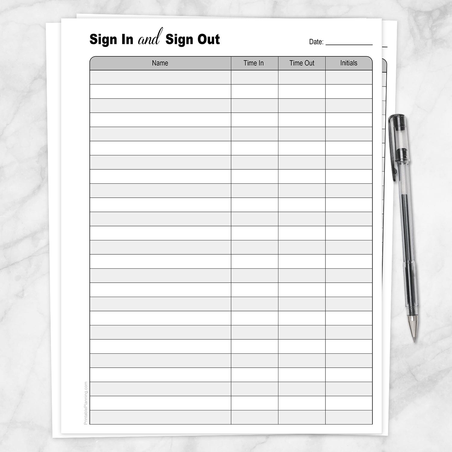 Printable Sign In and Sign Out Sheet at Printable Planning. Guest or visitor time in and time out, with initials, daily page.