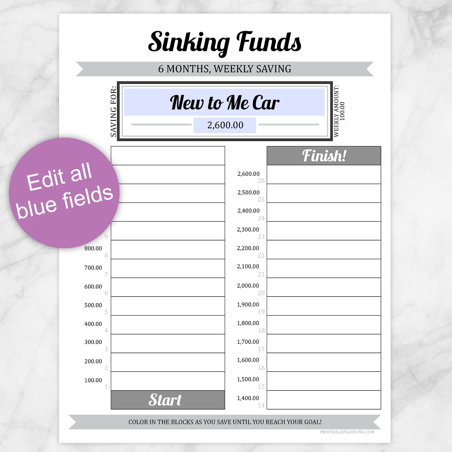 Printable Sinking Funds Savings Chart, 6 Months Weekly at Printable Planning. Edit all blue fields.