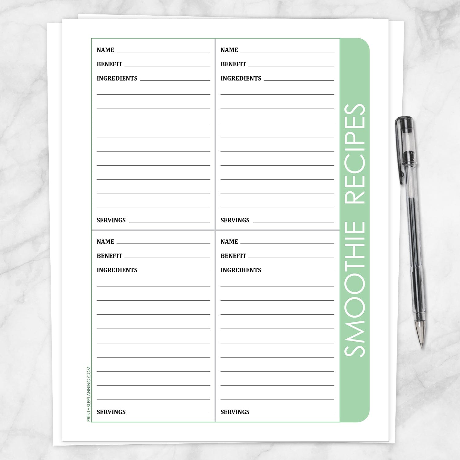 Smoothie Recipe Pages - 4 per page in Green - Printable at Printable Planning for only 3.95 smoothie-recipe-pages-4-per-page-in-green-printable-at-printable-planning-for-only-3-95