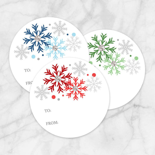 Printable Snowflake Gift Tag Stickers - Blue Red Green at Printable Planning. Example of 3 stickers.