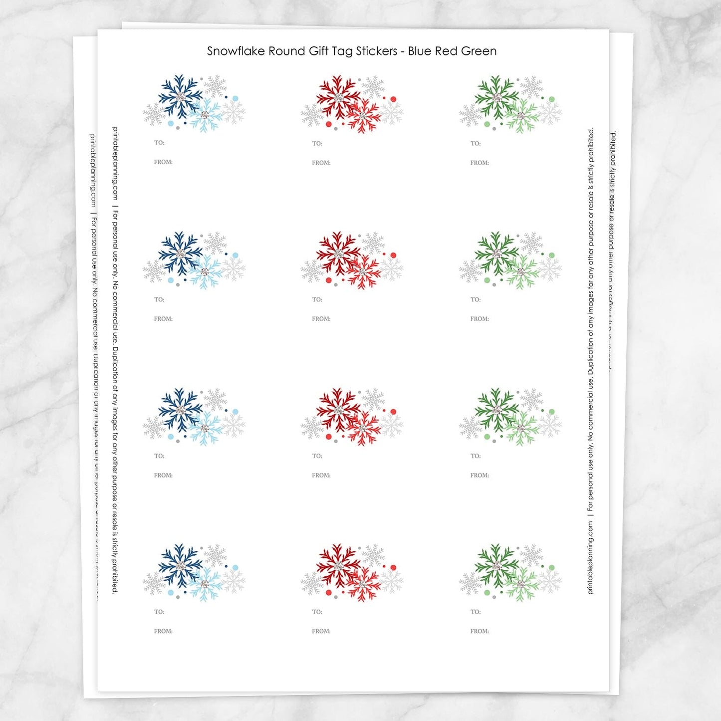 Printable Snowflake Gift Tag Stickers - Blue Red Green at Printable Planning. Sheet of 12 stickers.