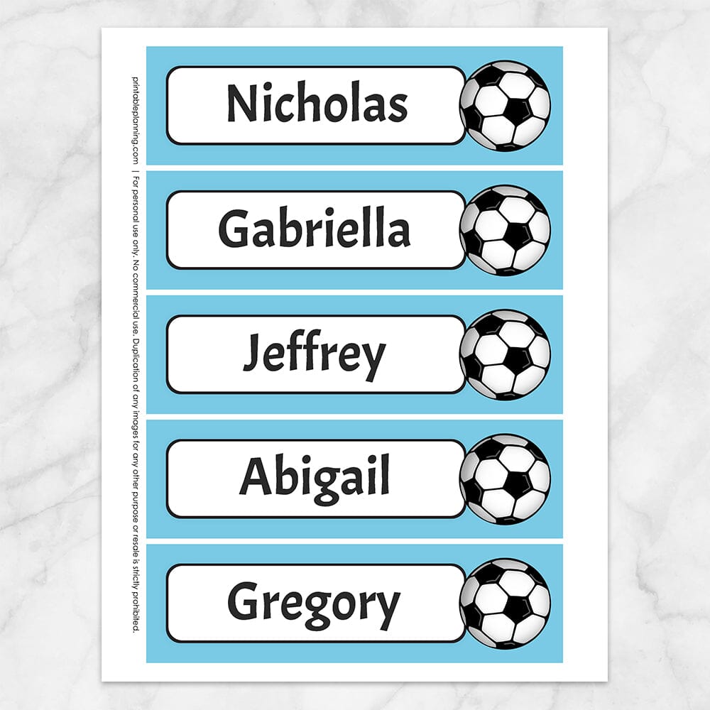 Printable Personalized Soccer Ball Bookmarks at Printable Planning. Sheet of 5 bookmarks with blue background.