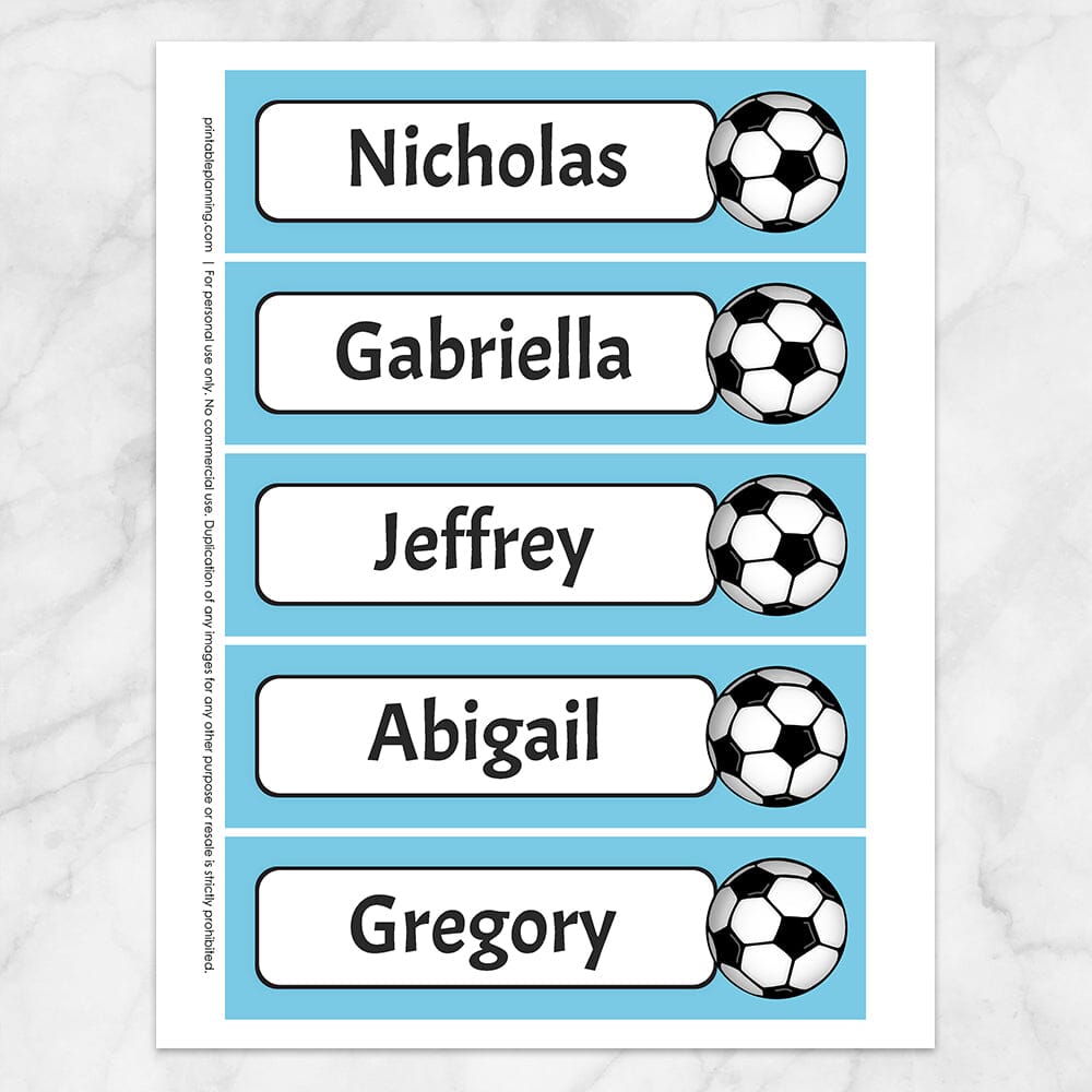 Printable Personalized Blue Soccer Ball Bookmarks at Printable Planning. Sheet of 5 bookmarks.