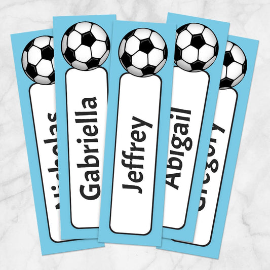 Printable Personalized Blue Soccer Ball Bookmarks at Printable Planning. Example of 5 bookmarks.