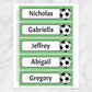 Printable Personalized Soccer Ball Bookmarks at Printable Planning. Sheet of 5 bookmarks with green background.