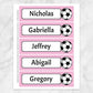 Printable Personalized Soccer Ball Bookmarks at Printable Planning. Sheet of 5 bookmarks with pink background.