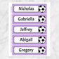 Printable Personalized Soccer Ball Bookmarks at Printable Planning. Sheet of 5 bookmarks with purple background.
