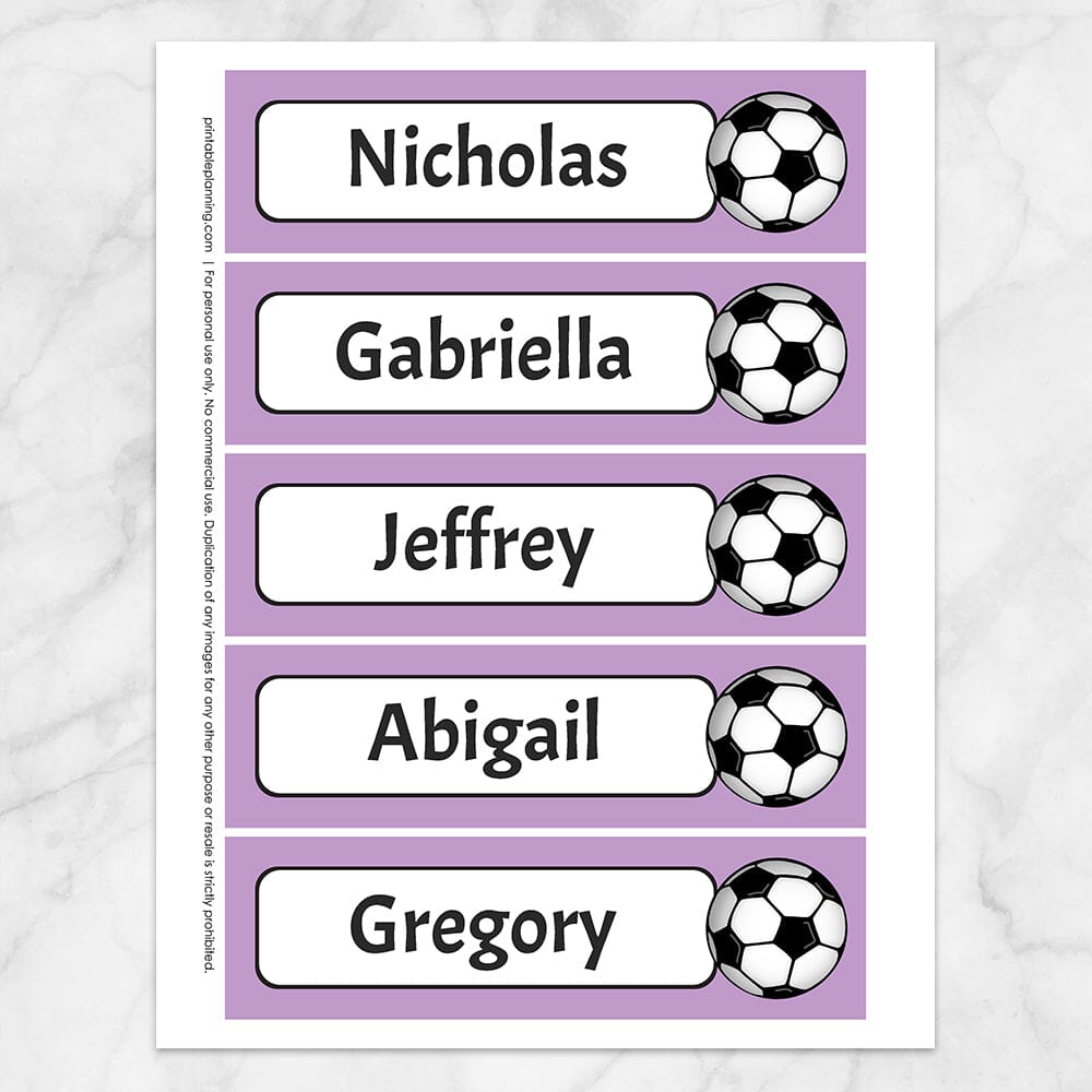 Printable Personalized Purple Soccer Ball Bookmarks at Printable Planning. Sheet of 5 bookmarks.