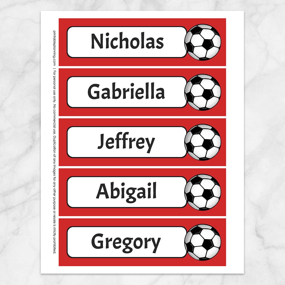 Printable Personalized Red Soccer Ball Bookmarks at Printable Planning. Sheet of 5 bookmarks.
