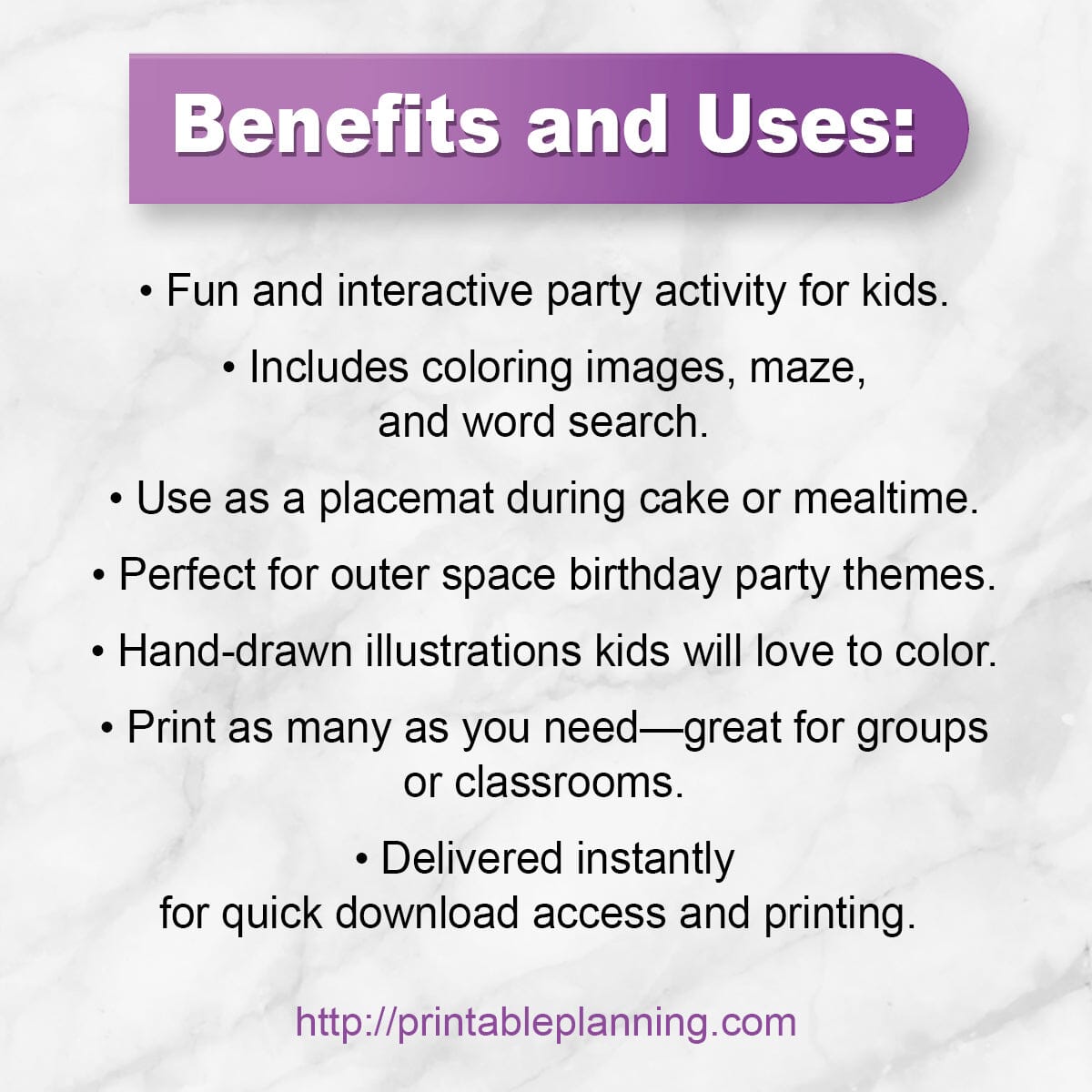 Text describing the benefits and uses of a coloring activity sheet for kids, including space-themed design.
