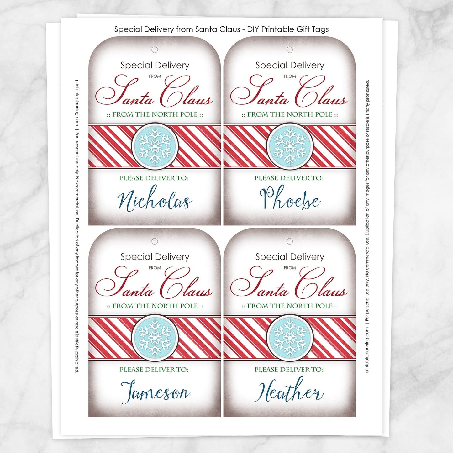 Printable Special Delivery from Santa Claus - Personalized Gift Tags at Printable Planning. Sheet of 4 gift tags.