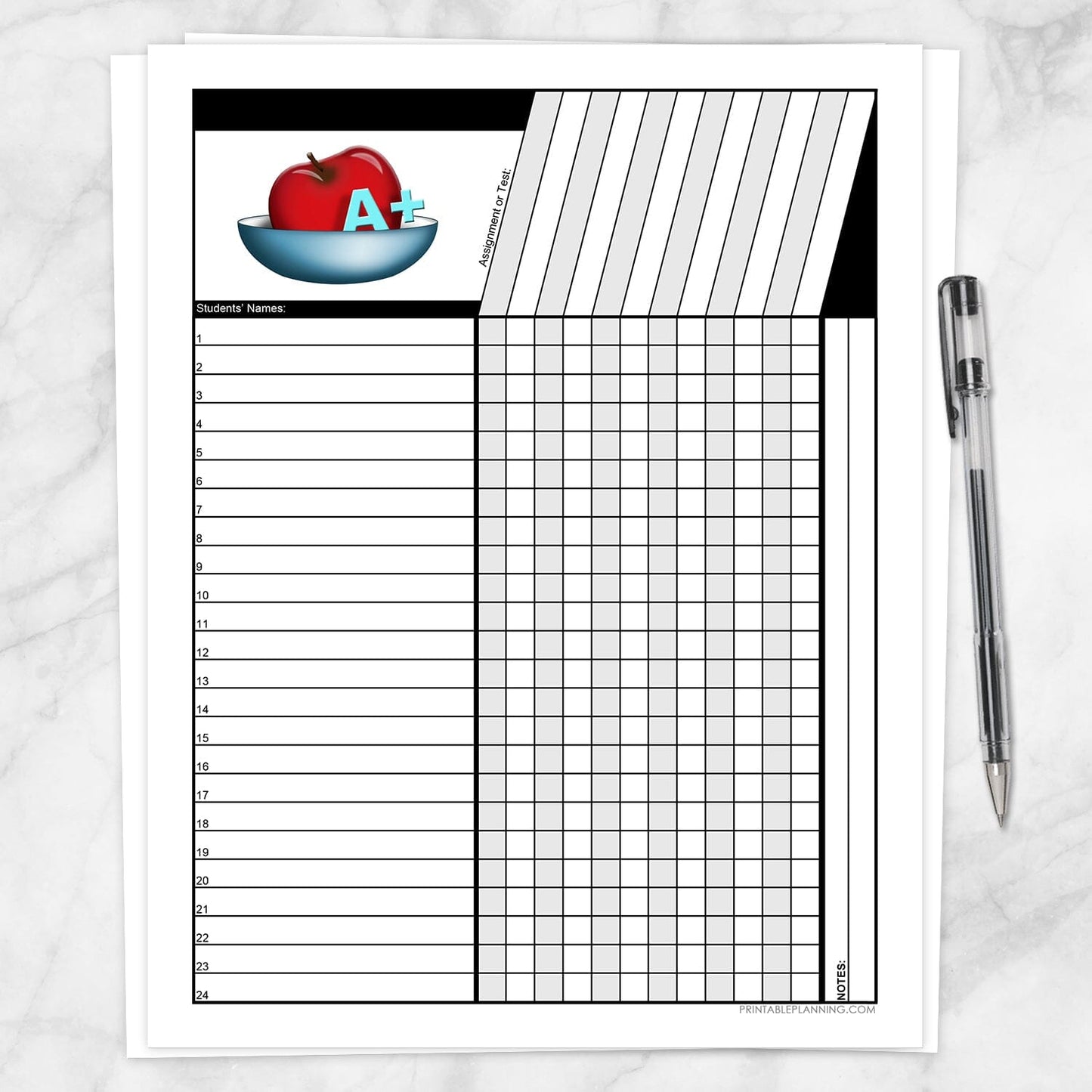 Printable Teacher's Grade Sheet - Grade School Elementary Apple at Printable Planning.