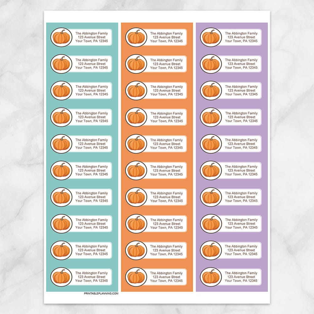Printable Teal Orange and Purple Pumpkin Address Labels at Printable Planning. Sheet of 30 labels.