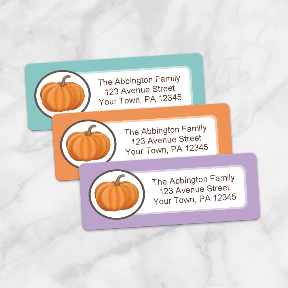 Printable Teal Orange and Purple Pumpkin Address Labels at Printable Planning. View of 3 different colored labels.