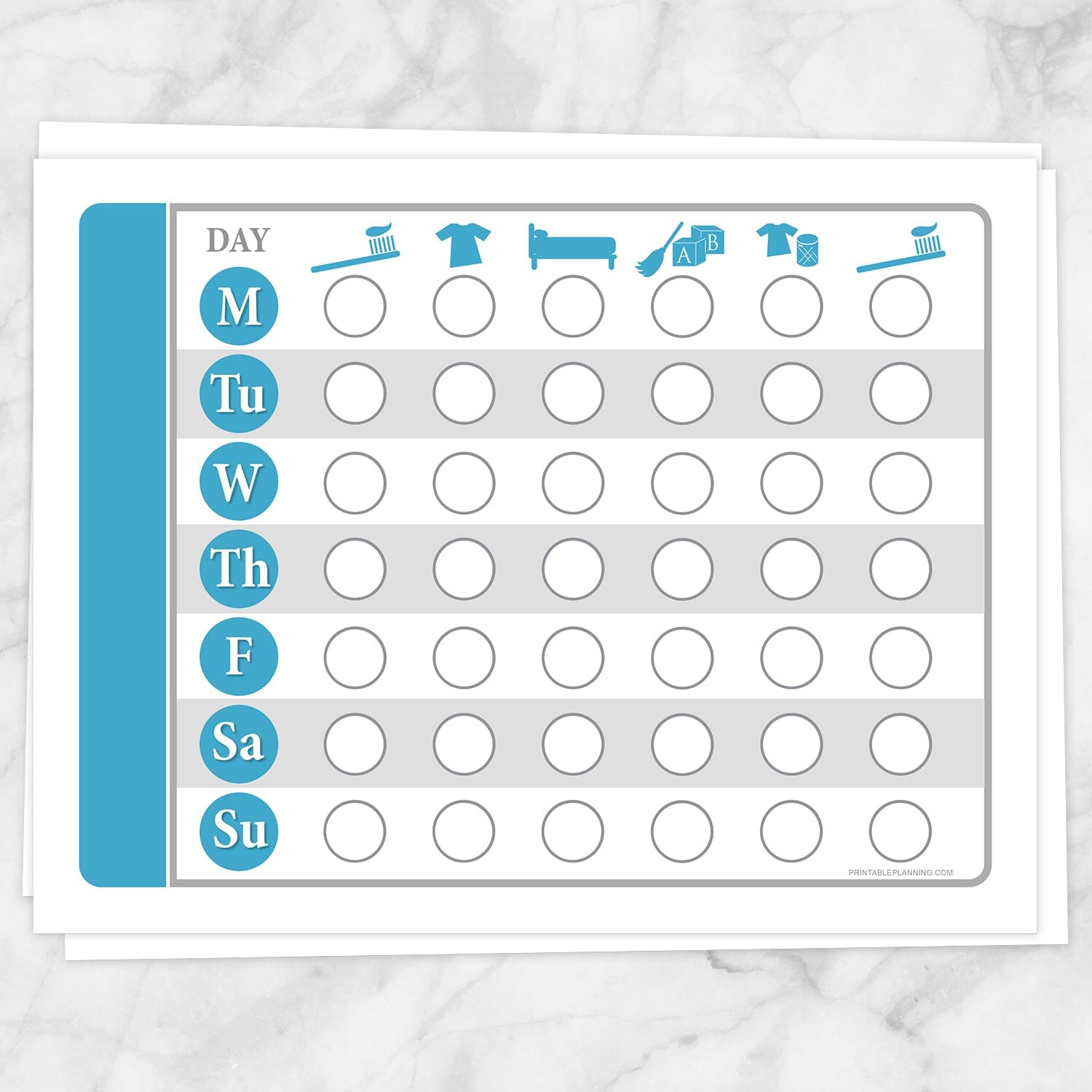 Printable Toddler Chore Chart in Blue Daily Routine Weekly Pages at Printable Planning.
