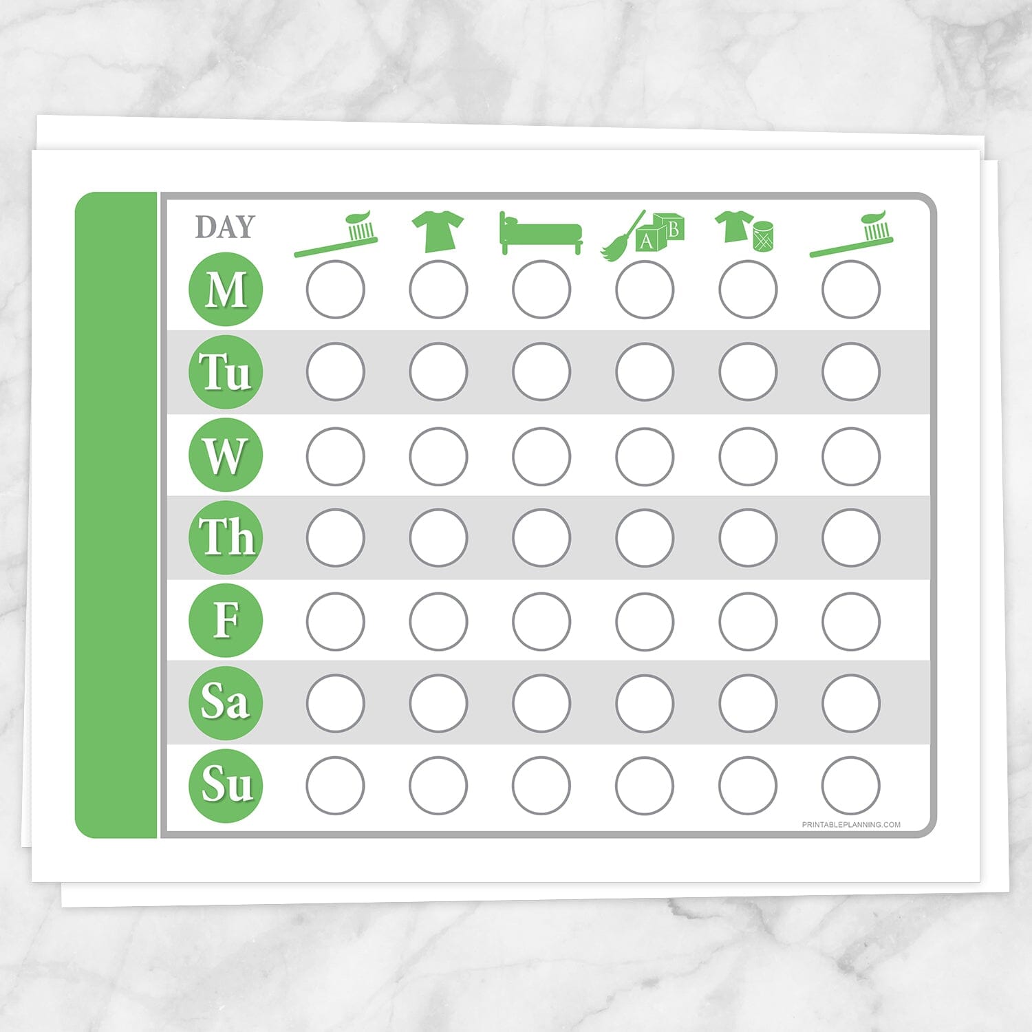Printable Toddler Chore Chart - Green Daily Routine Weekly Pages at Printable Planning.