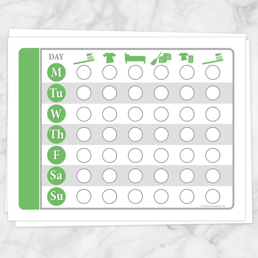 Printable Toddler Chore Chart - Green Boy Daily Routine Weekly Page at Printable Planning.