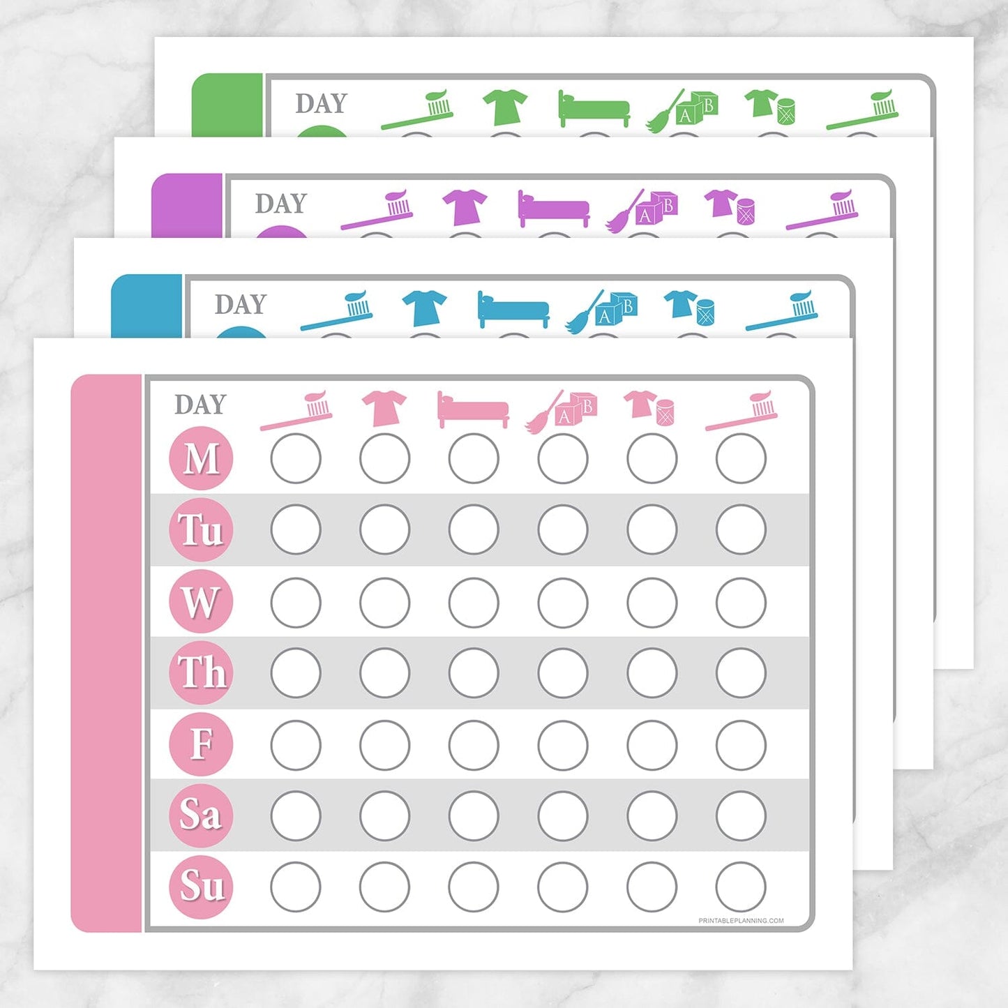 Printable Toddler Chore Chart MEGA BUNDLE - 4 Daily Routine Weekly Pages in pink, blue, purple, and green at Printable Planning.